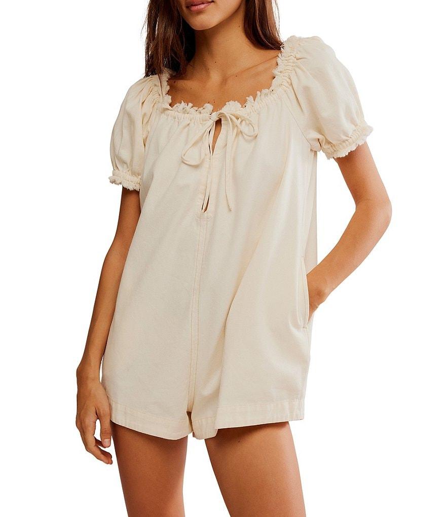 Free People Daisy Denim Square Neck Short Puff Sleeve Babydoll Romper Product Image