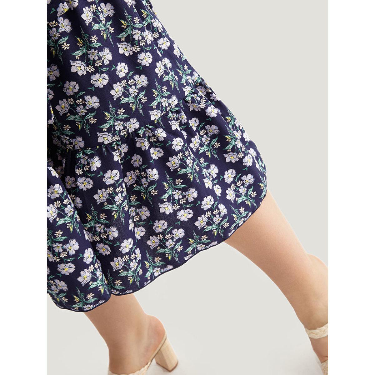 Plus Size Ditsy Floral Pocket Tie Neck Frill Trim Dress Indigo Women Vacation Cross straps Tie Neck Long Sleeve Curvy Midi Dress BloomChic 10/M Product Image