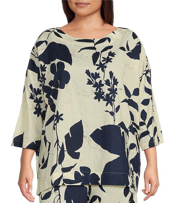 Bryn Walker Plus Coordinating Foglie Print Boat Neck 3/4 Sleeve Resort Shirt Product Image