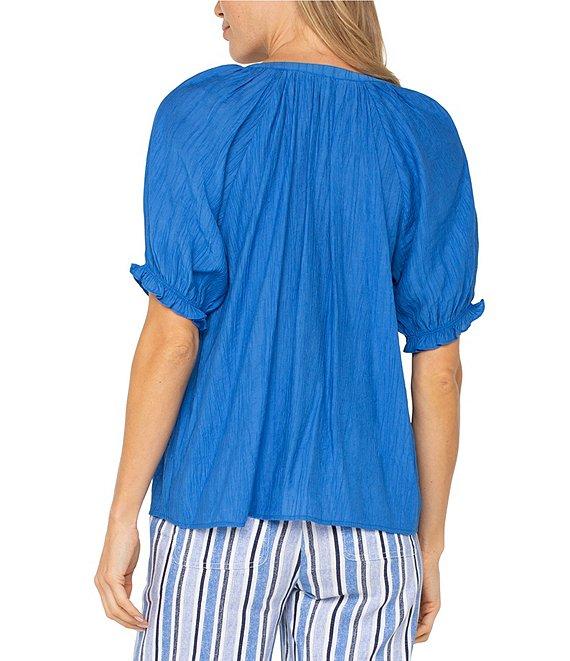 Liverpool Los Angeles Crinkle Woven Split V-Neck Short Sleeve Blouse Product Image