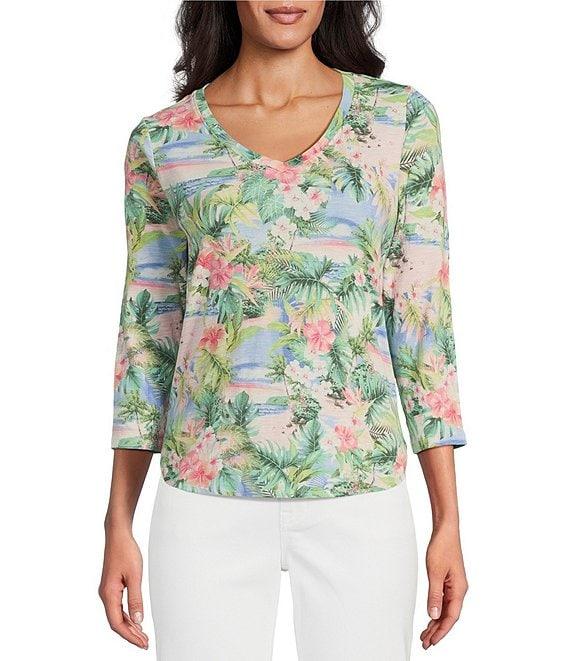 Tommy Bahama Ashby Isles Ocean Vida Tropical Printed Slub Rib V-Neck 3/4 Sleeve Tee Product Image