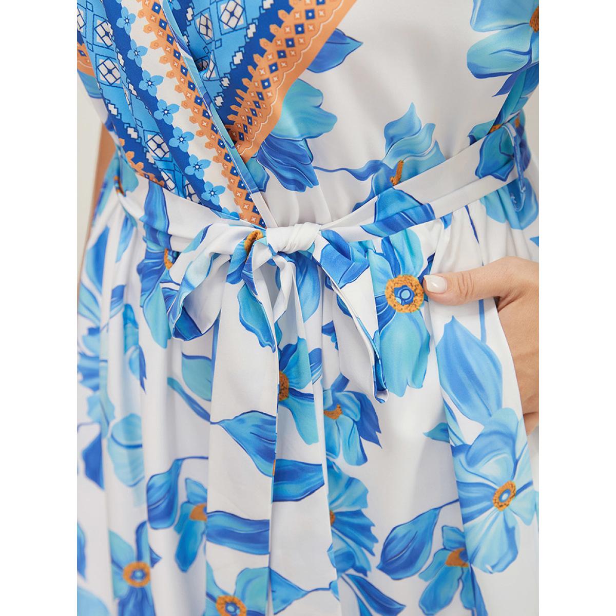 Plus Size Bandana Print Ruffle Hem Belted Pocket Wrap Dress LightBlue Women Vacation Cross straps V-neck Short sleeve Curvy Knee Dress BloomChic 12/L Product Image