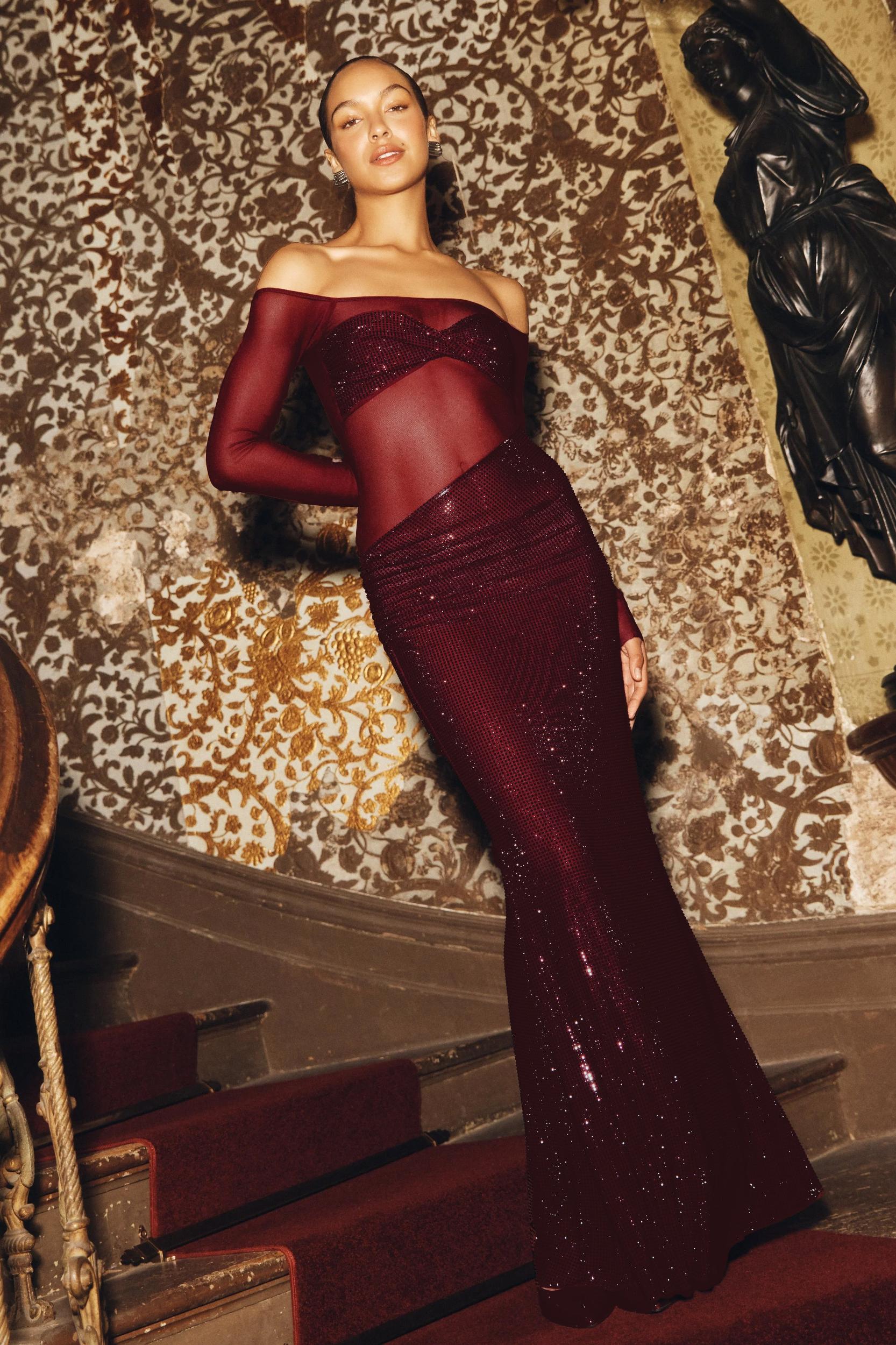 Nash Diamante Off Shoulder Maxi Dress - Mahogany Product Image