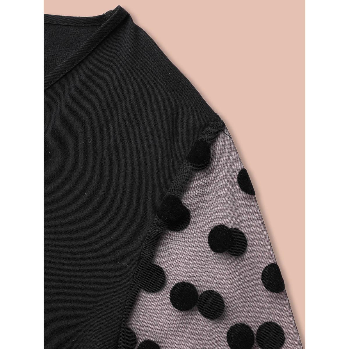 Plus Size Black Polka Dot Sheer Mesh Sleeve Spliced Blouse Women Elegant Long Sleeve Round Neck Everyday Blouses BloomChic 10/M Product Image