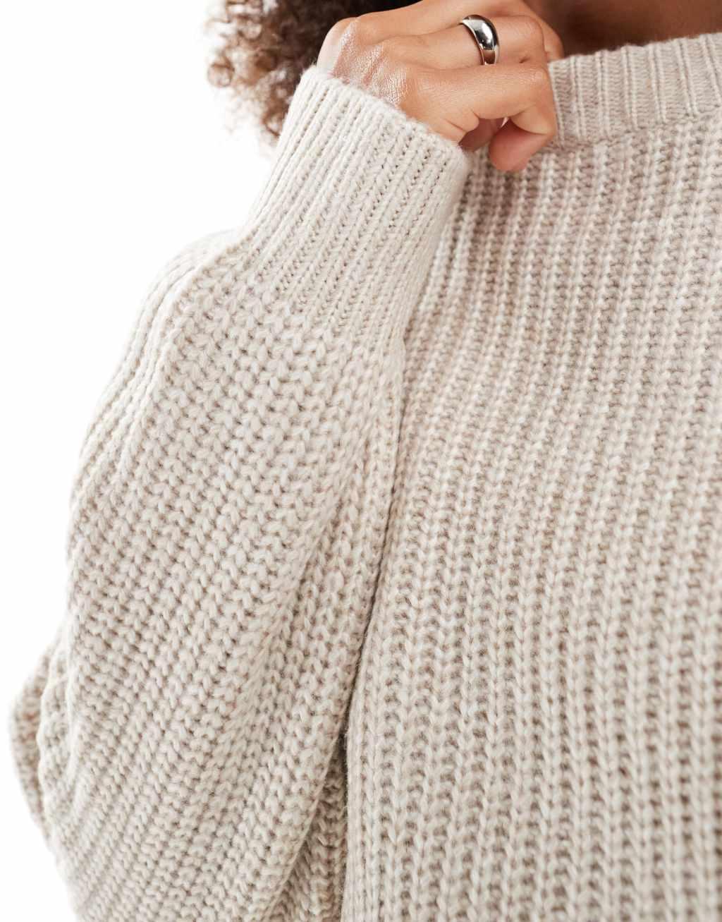 ASOS DESIGN chunky crew neck rib sweater in oatmeal Product Image