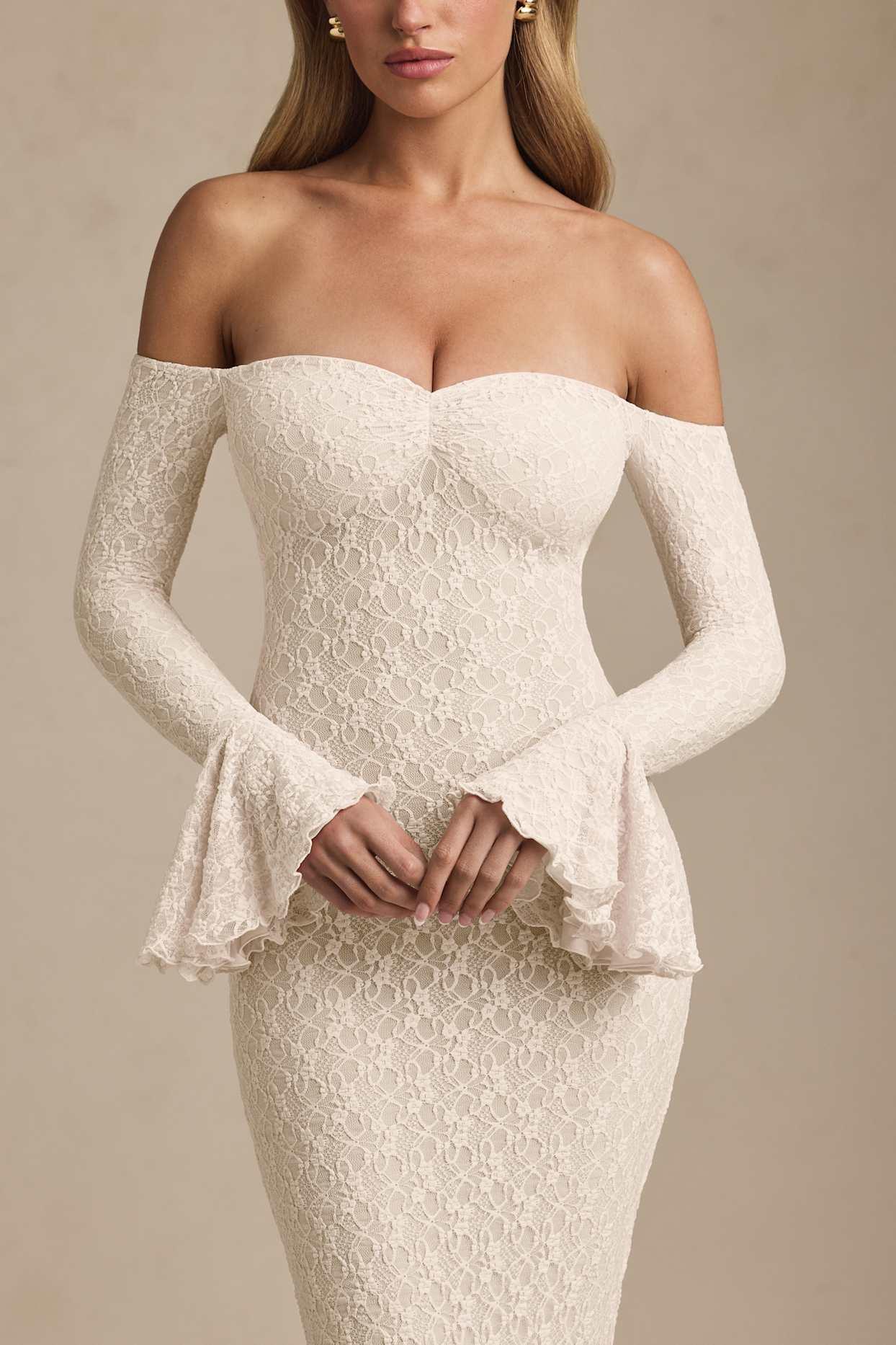 Off-Shoulder Ruffle Lace Maxi Dress in Ivory Product Image