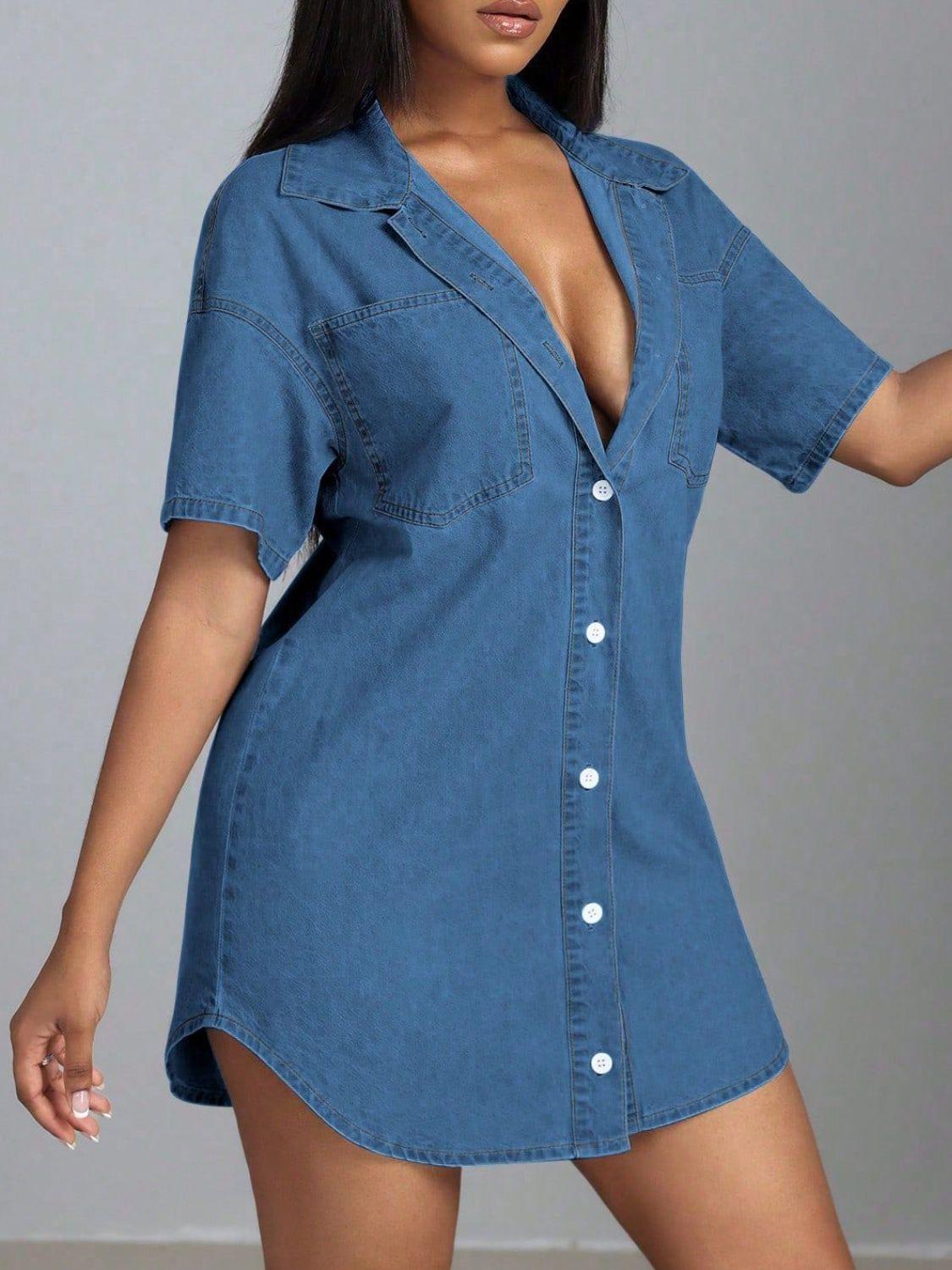 Button Down Collared Neck Denim Dress Product Image
