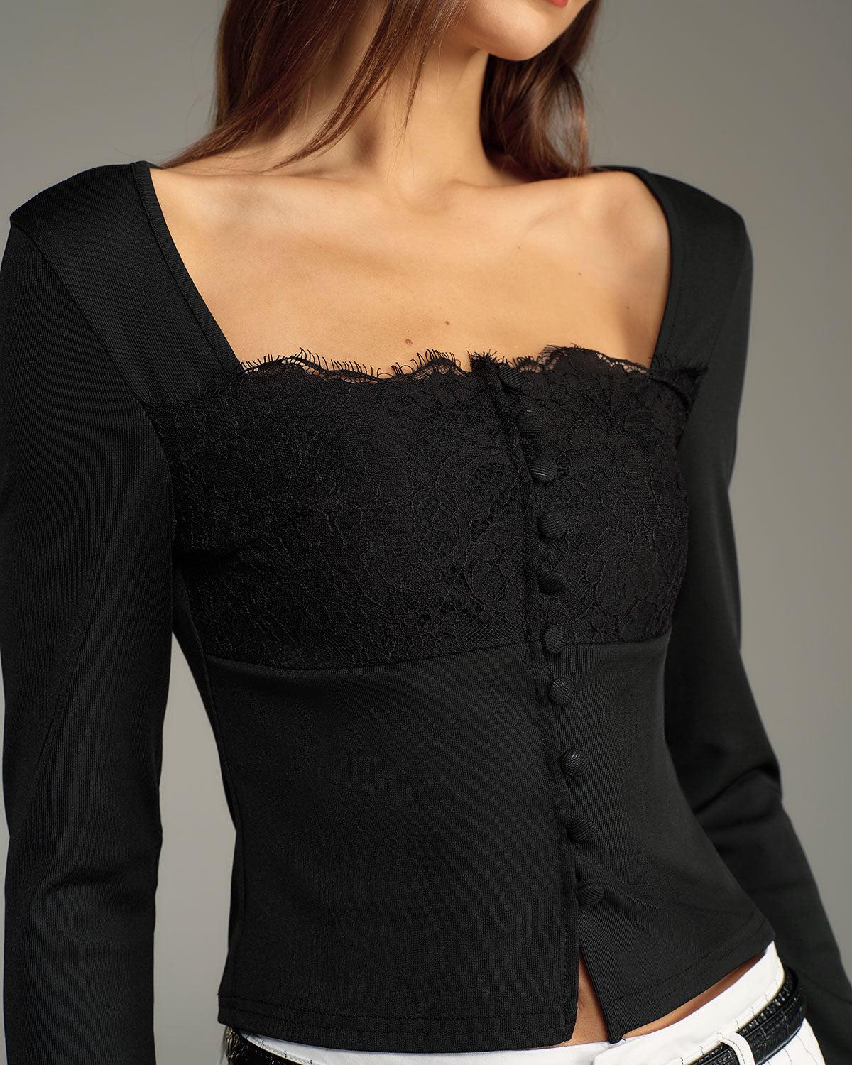 Black Square Neck Button Slim Tee Product Image