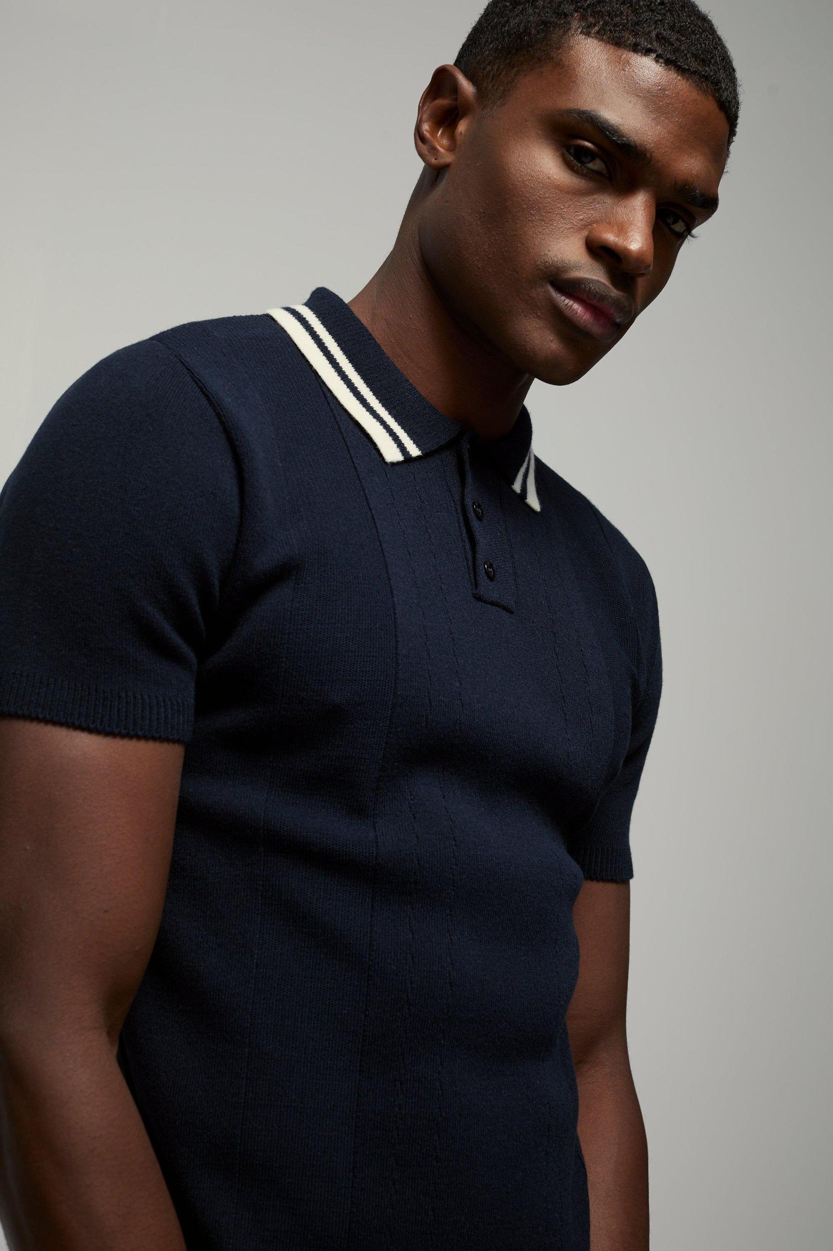 Muscle Fit Textured Tonal Vertical Stripe Button Neck Knitted Polo | boohooMAN USA Product Image