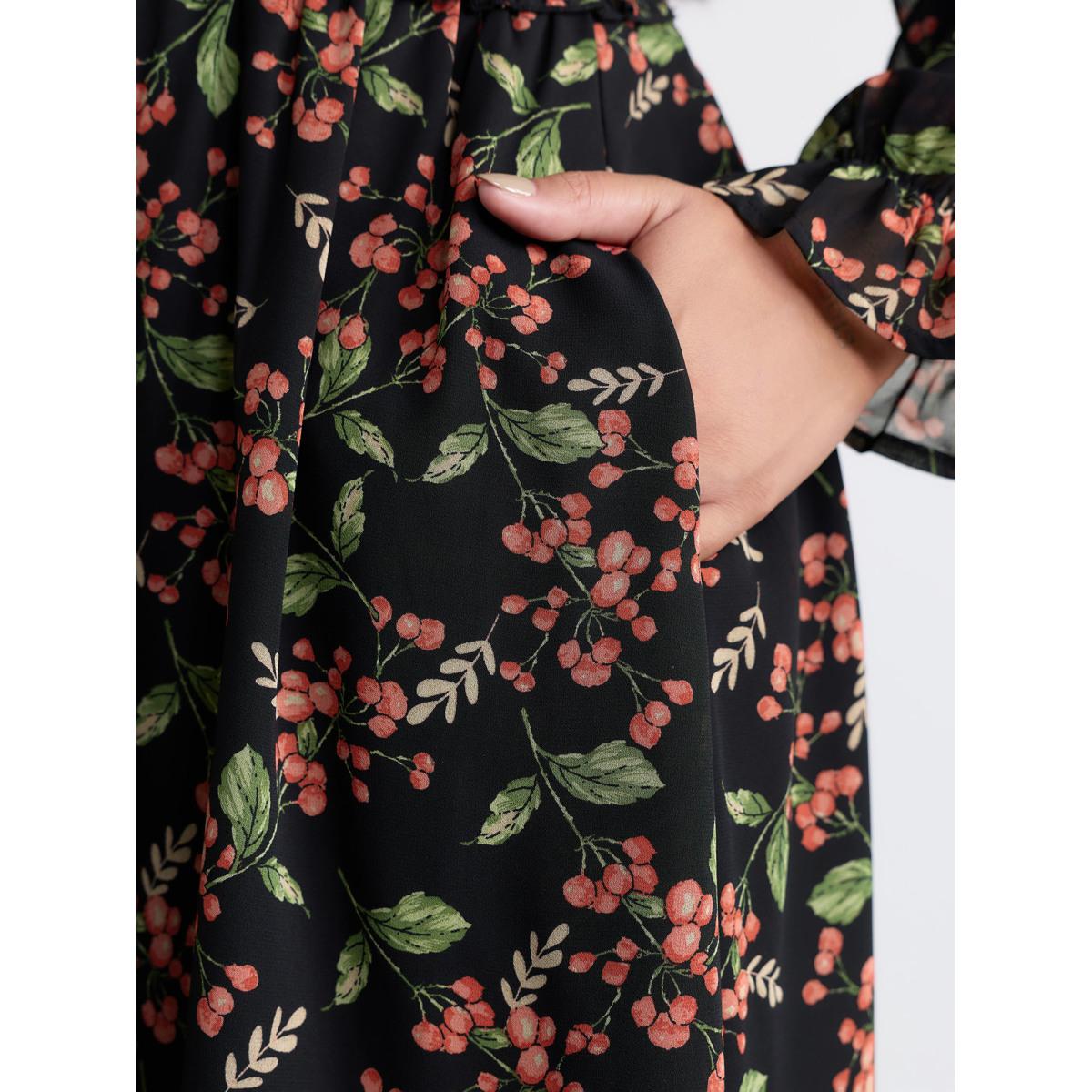 Plus Size Chiffon Floral Ruffled Trim Pockets Midi Dress Black Women Romantic Overlapping Overlap Collar Long Sleeve Curvy BloomChic 10/M Product Image