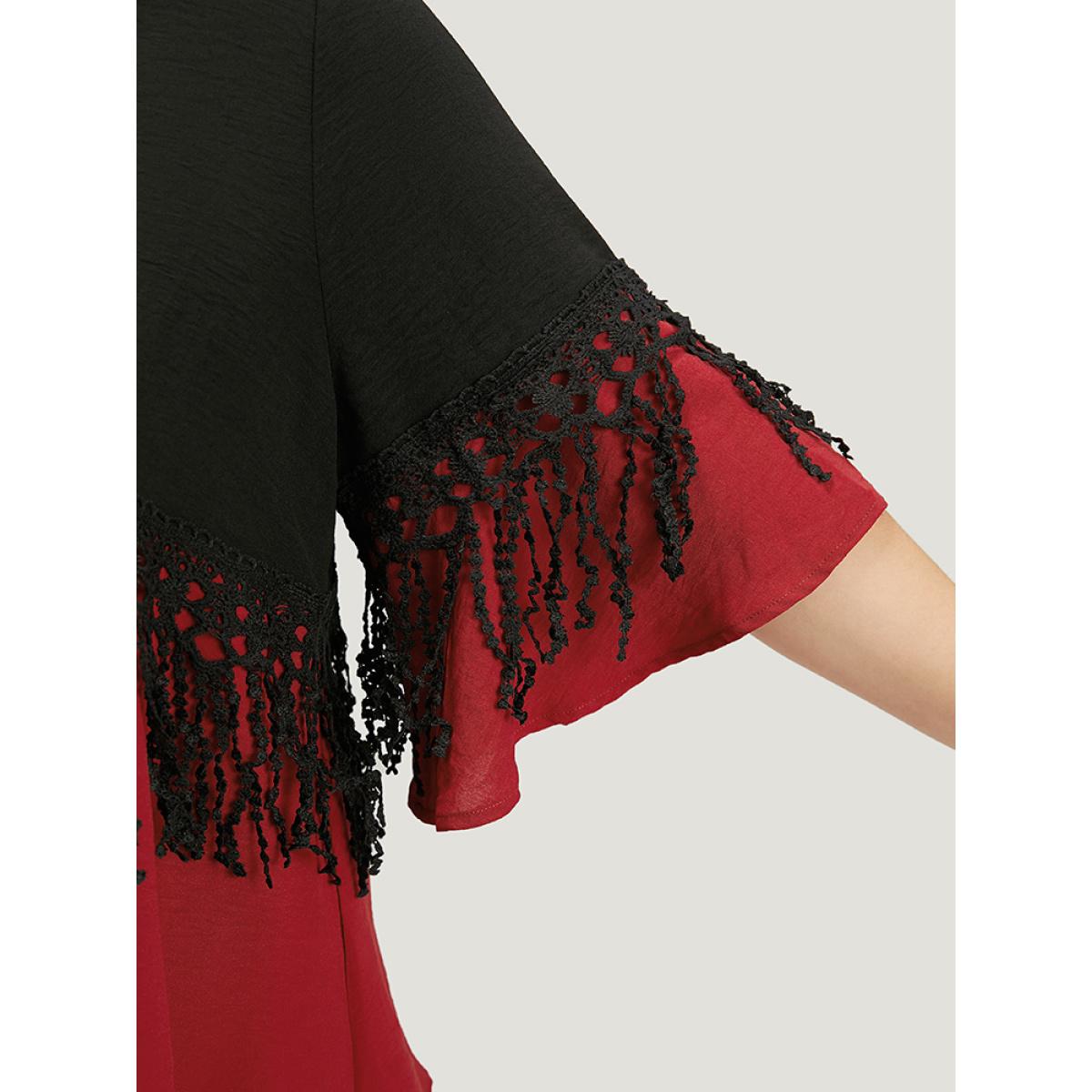 Plus Size Black Halloween Two Tone Fringe Trim Patchwork Blouse Women Elegant Short sleeve V-neck Festival-Halloween Blouses BloomChic 22-24/3X Product Image