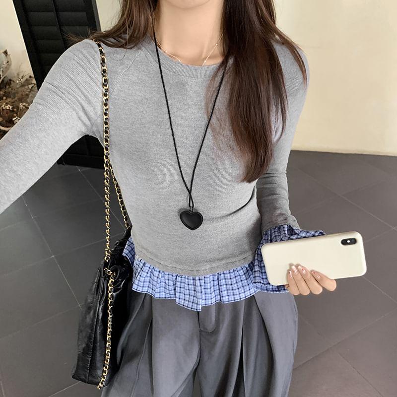 Mock Two-Piece Long-Sleeve Crew Neck Plaid Panel Knit Top Product Image