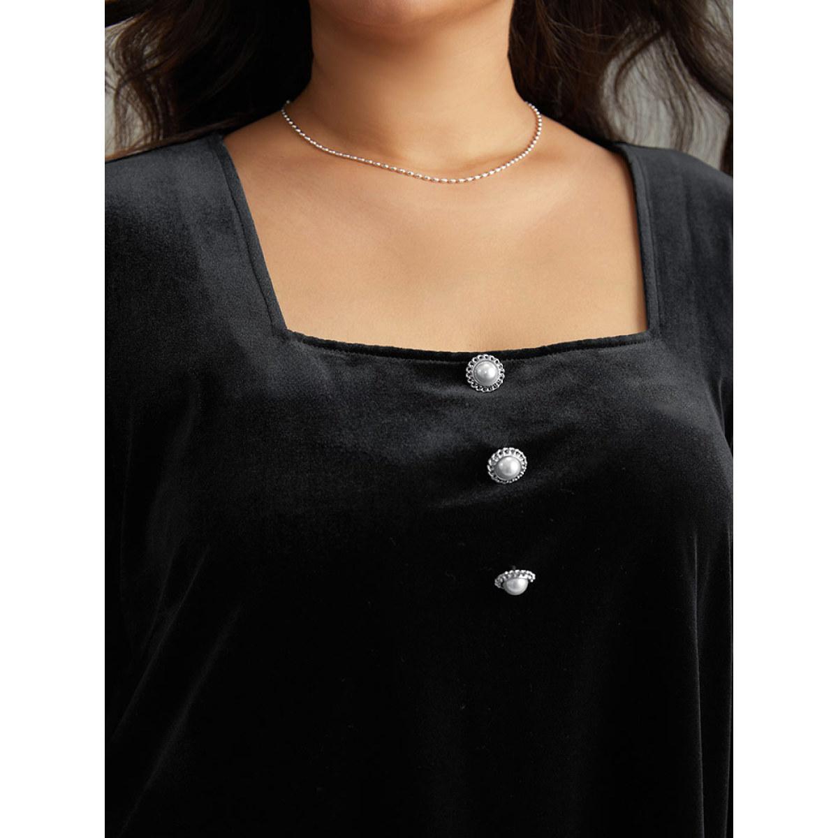 Plus Size Black Velvet Metal Button Detail Blouse Women Leisure Long Sleeve Square Neck Casual Blouses BloomChic 14-16/1X Product Image