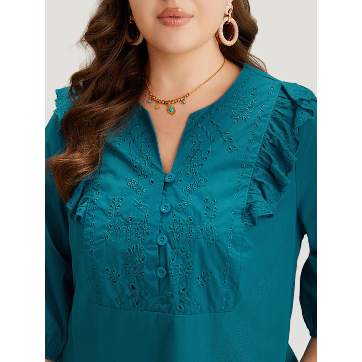 Plus Size Plain Ruffle Trim Lantern Sleeve Dress Cerulean Women Vacation Elastic cuffs Notched collar Elbow-length sleeve Curvy Midi Dress BloomChic 12/L Product Image