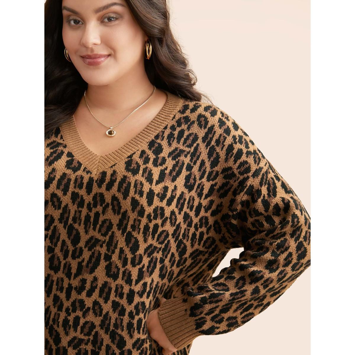 Plus Size V Neck Leopard Print Jacquard Pullover Yellowishbrown Women Casual Loose Long Sleeve V-neck Everyday Pullovers BloomChic 18-20/2X Product Image