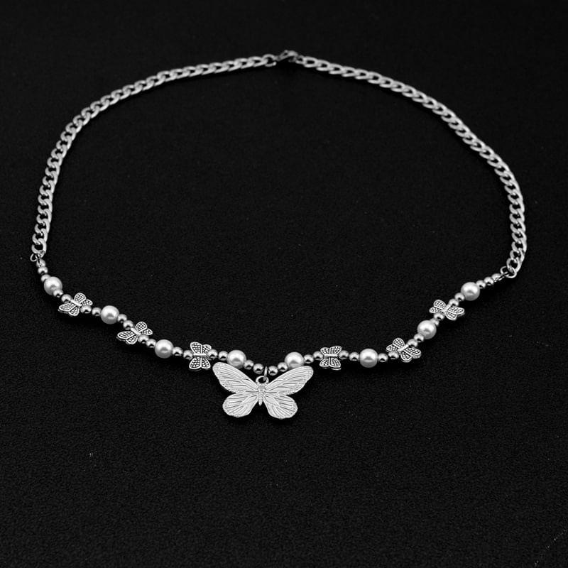 Butterfly Pendant Faux Pearl Beaded Necklace Product Image