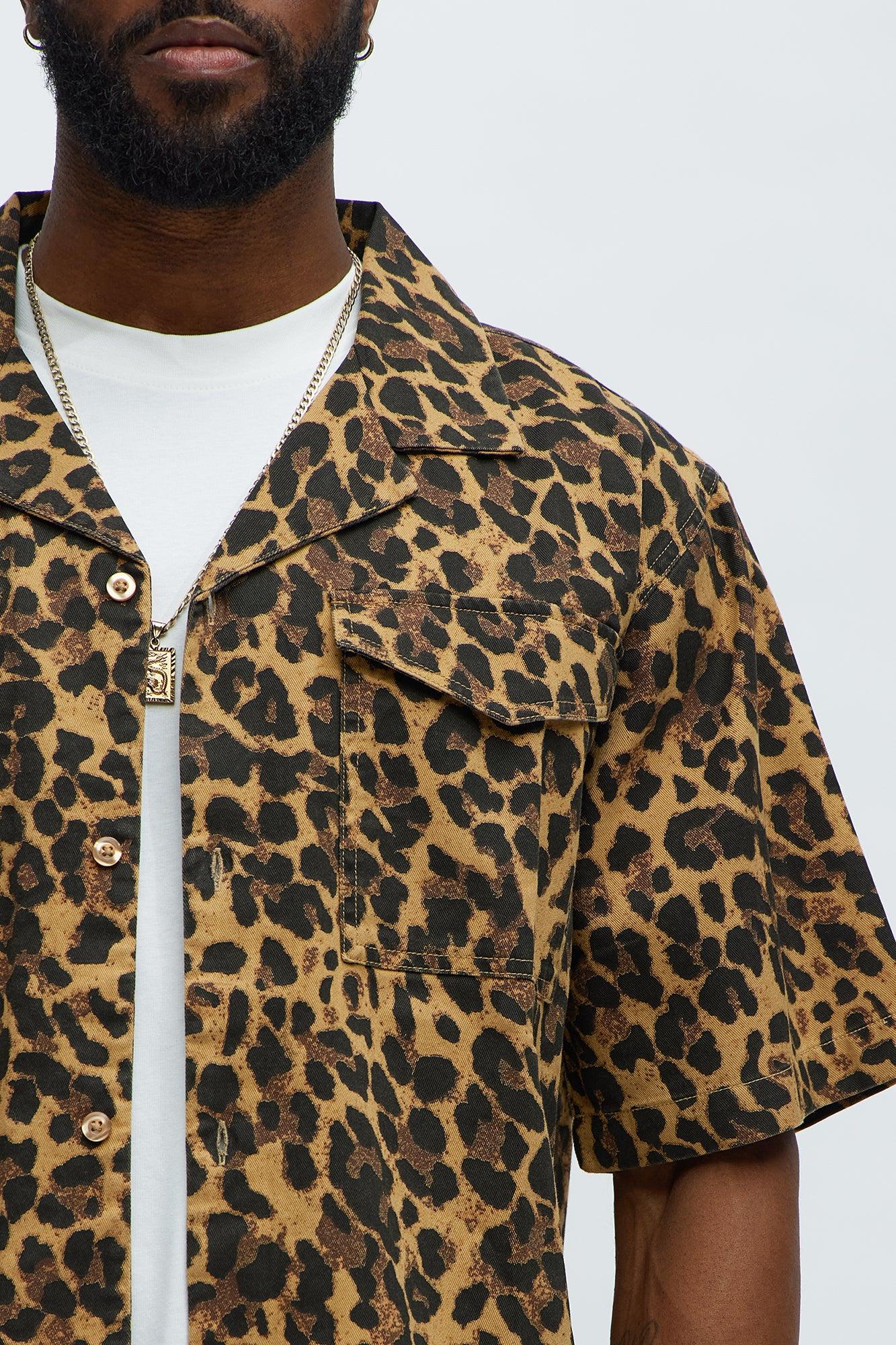 Cuban Collar Cheetah Print Button UpShirt - Tan/Multi Product Image