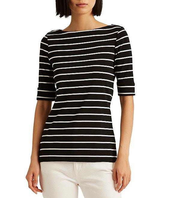 Lauren Ralph Lauren Stripe Stretch Boat Neck Short Sleeve Shirt Product Image