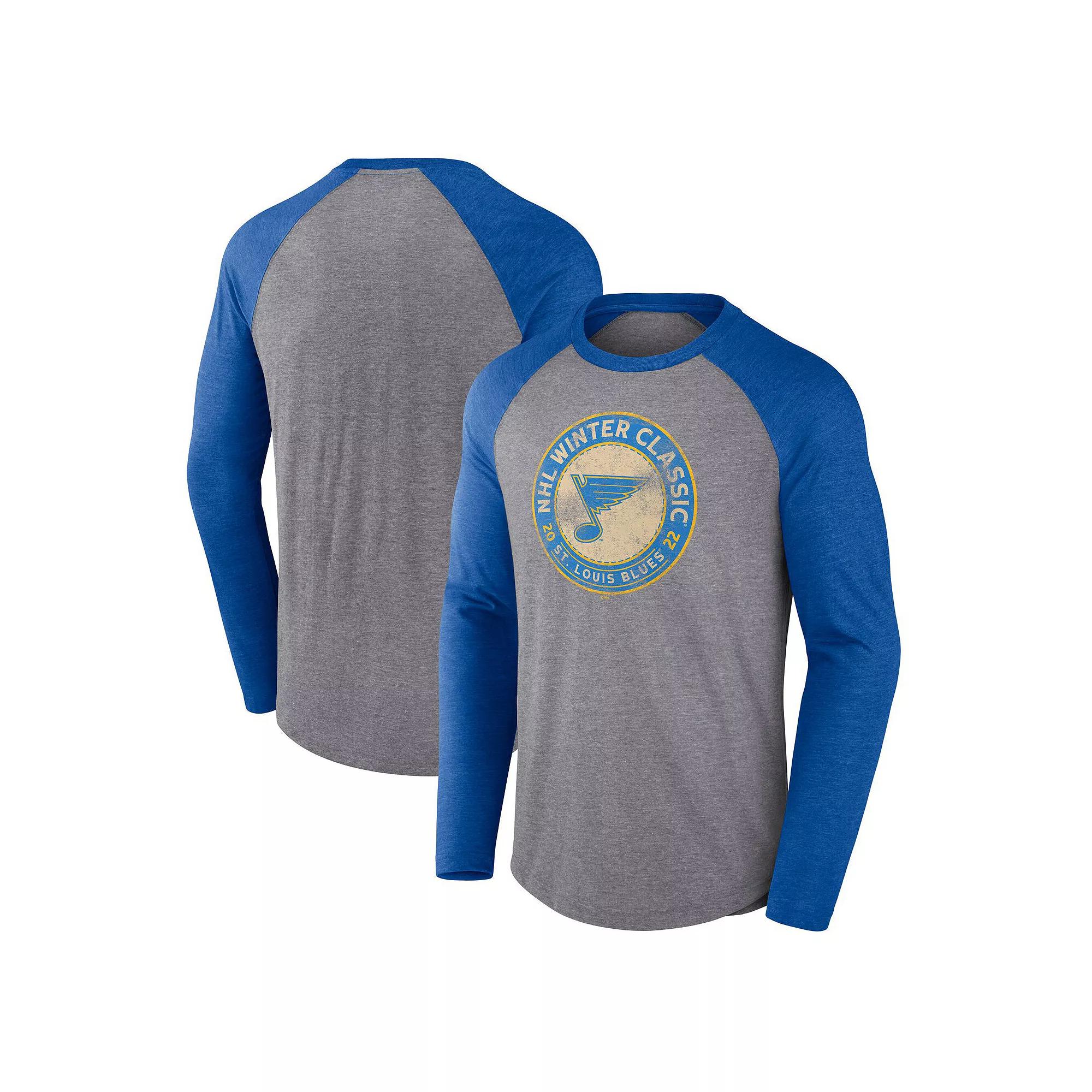 Men's Fanatics Heather Gray/Heather Blue St. Louis Blues 2022 NHL Winter Classic Vintage Distressed Raglan Tri-Blend Long Sleeve T-Shirt, Size: Large, Grey Product Image