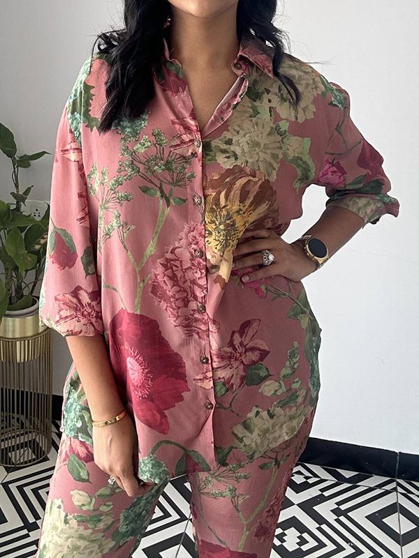 Long Sleeves Buttoned Flower Print Lapel Shirts Top + Ninth Pants Pants Bottom Two Pieces Set Product Image