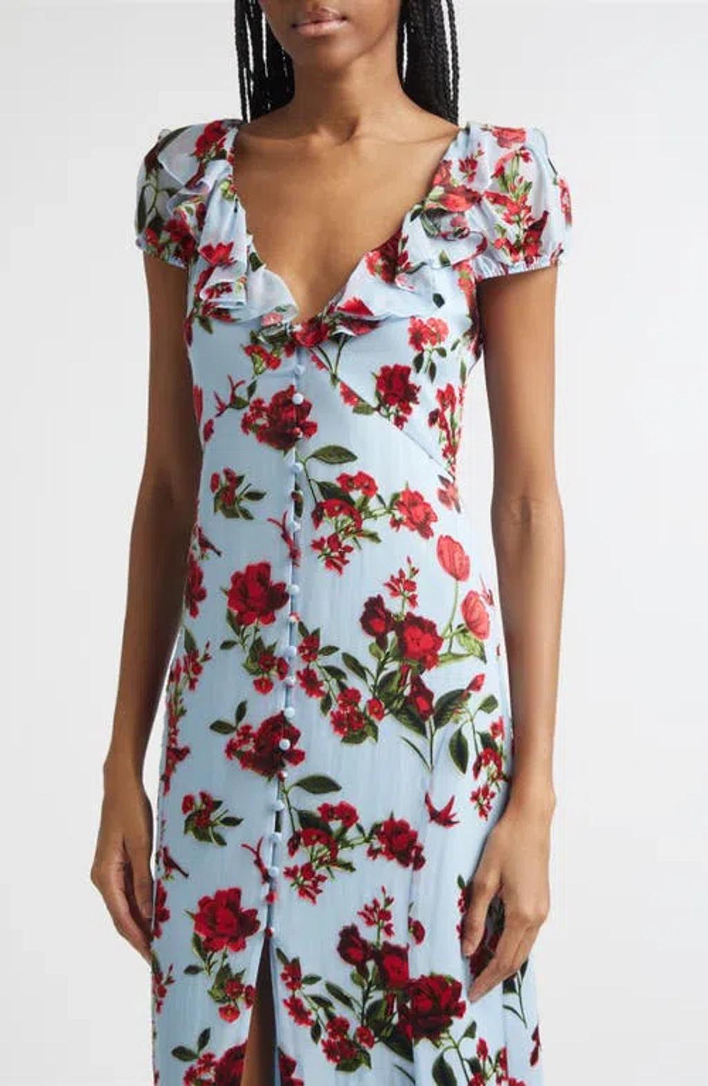 ALICE AND OLIVIA X Stacey Bendet Tara Floral-print Ruffled Midi Dress In Blue Product Image