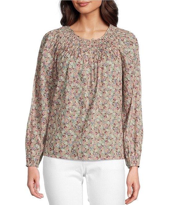 Lucky Brand Woven Floral Print Crew Neck Long Sleeve Smocked Button Front Blouse Product Image