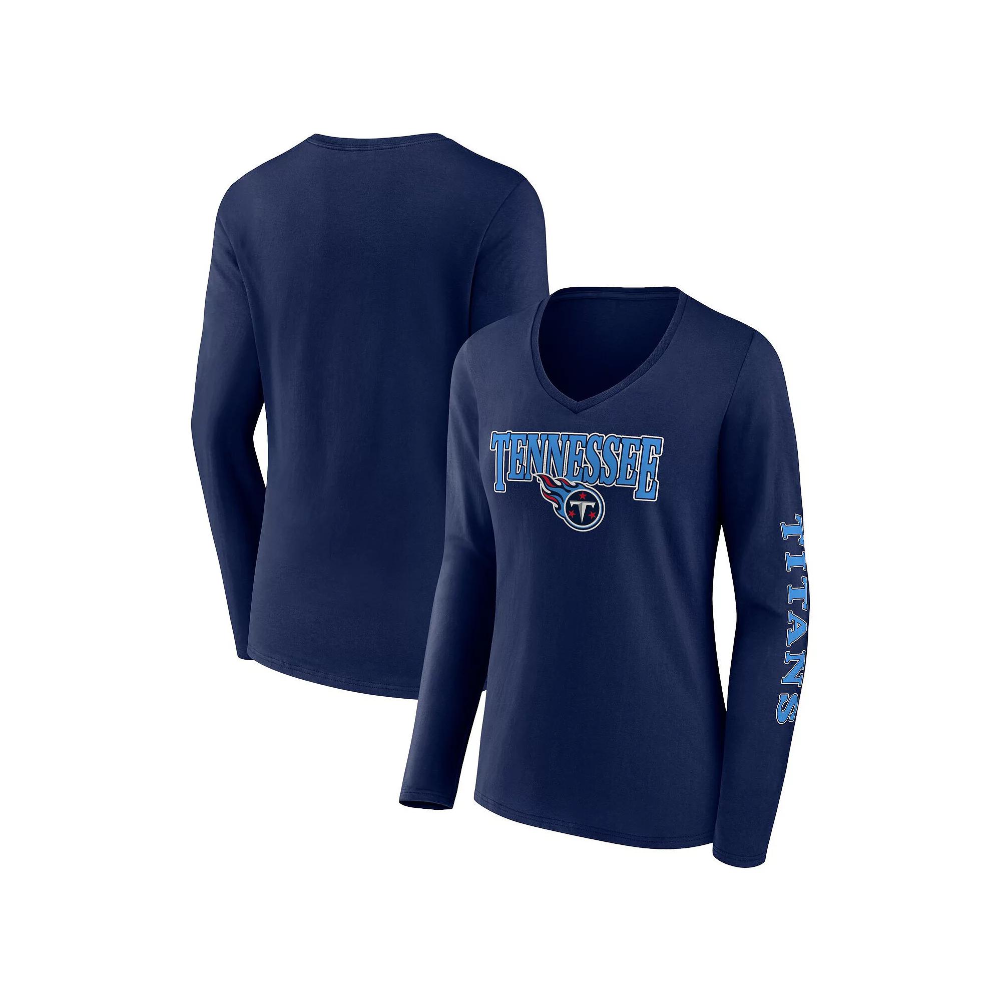Women's Fanatics Branded Navy Tennessee Titans Wordmark Long Sleeve V-Neck T-Shirt,  Product Image
