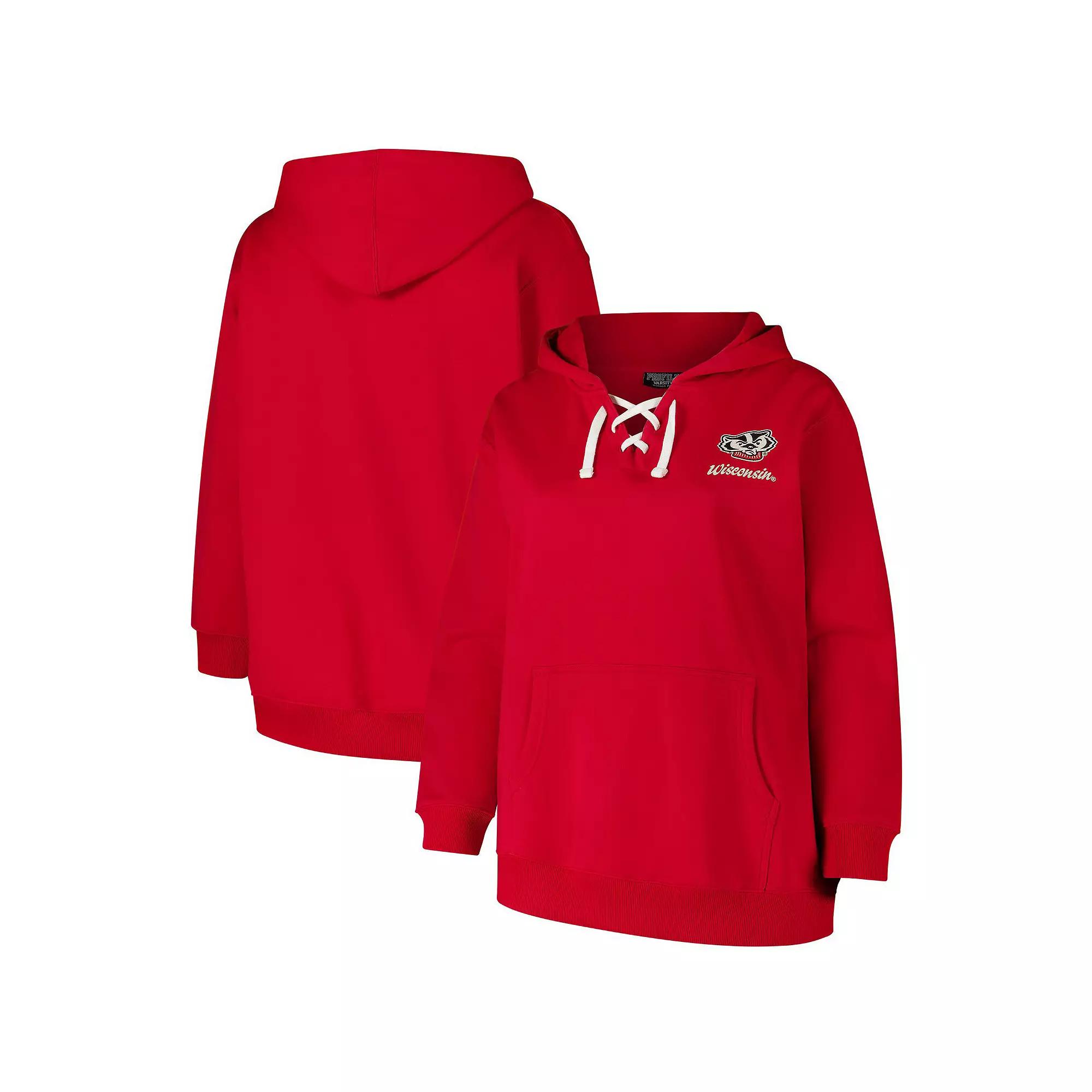 Women's Fanatics Red Wisconsin Badgers Plus Size Scripy Lace-Up V-Neck Hoodie, Size: 3XL Product Image