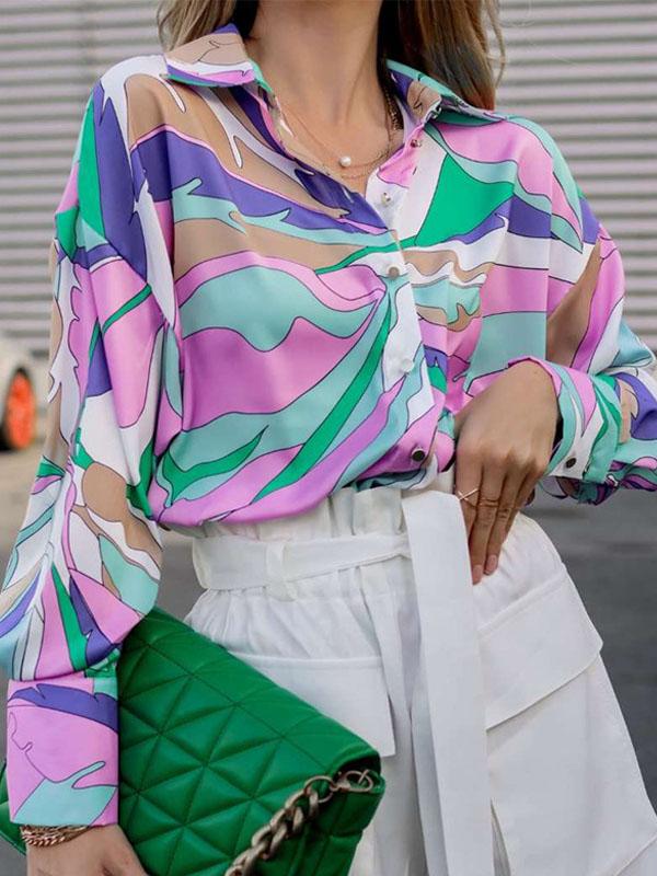 Long Sleeves Loose Contrast Color Printed Lapel Blouses Product Image