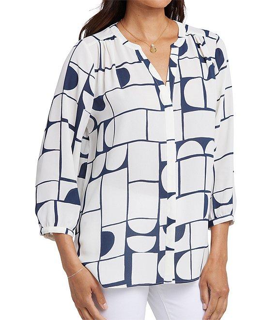 NYDJ Woven Geometric Printed Split V-Neck Button Front 3/4 Sleeve Blouse Product Image