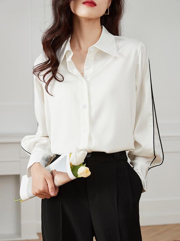Long Sleeves Loose Buttoned Contrast Color Lapel Blouses&Shirts Tops Product Image