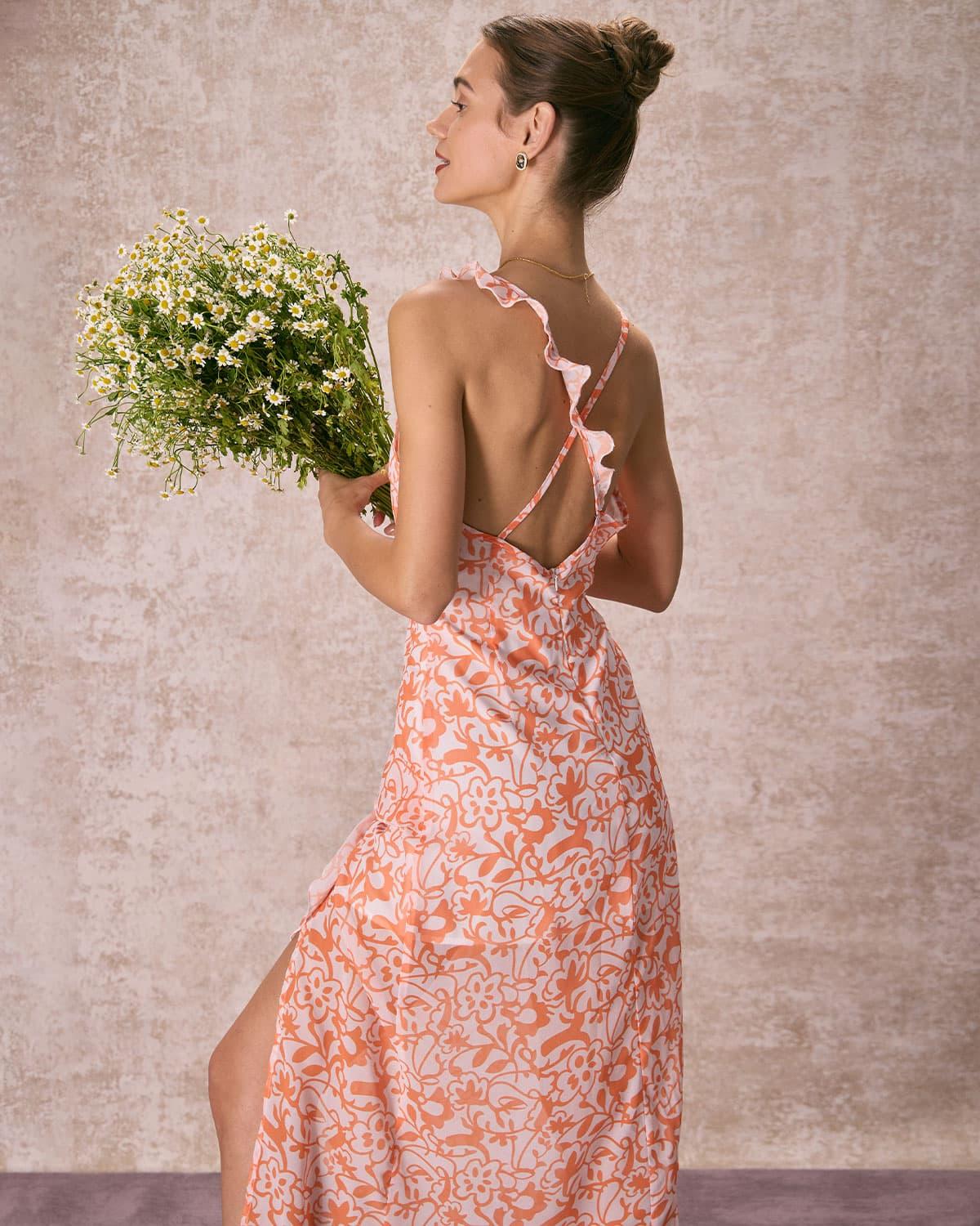 The Orange V Neck Floral Ruffle Maxi Dress Product Image