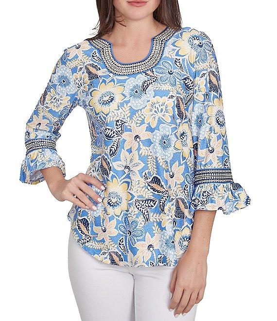 Ruby Rd. Knit Bohemian Floral Print Contrast Horseshoe Neck 3/4 Ruffle Sleeve Top Product Image