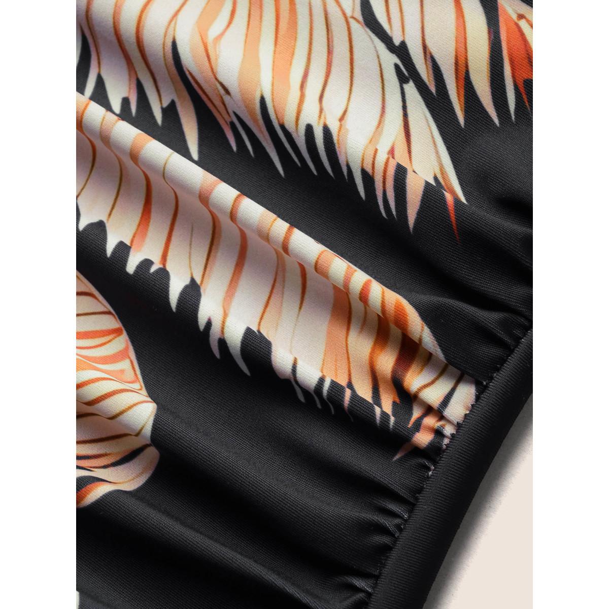 Plus Size Overlap Collar Tropical Print Gathered One Piece Swimsuit Women's Swimwear Black Beach Gathered Curve Bathing Suits High stretch One Pieces BloomChic 12/L Product Image