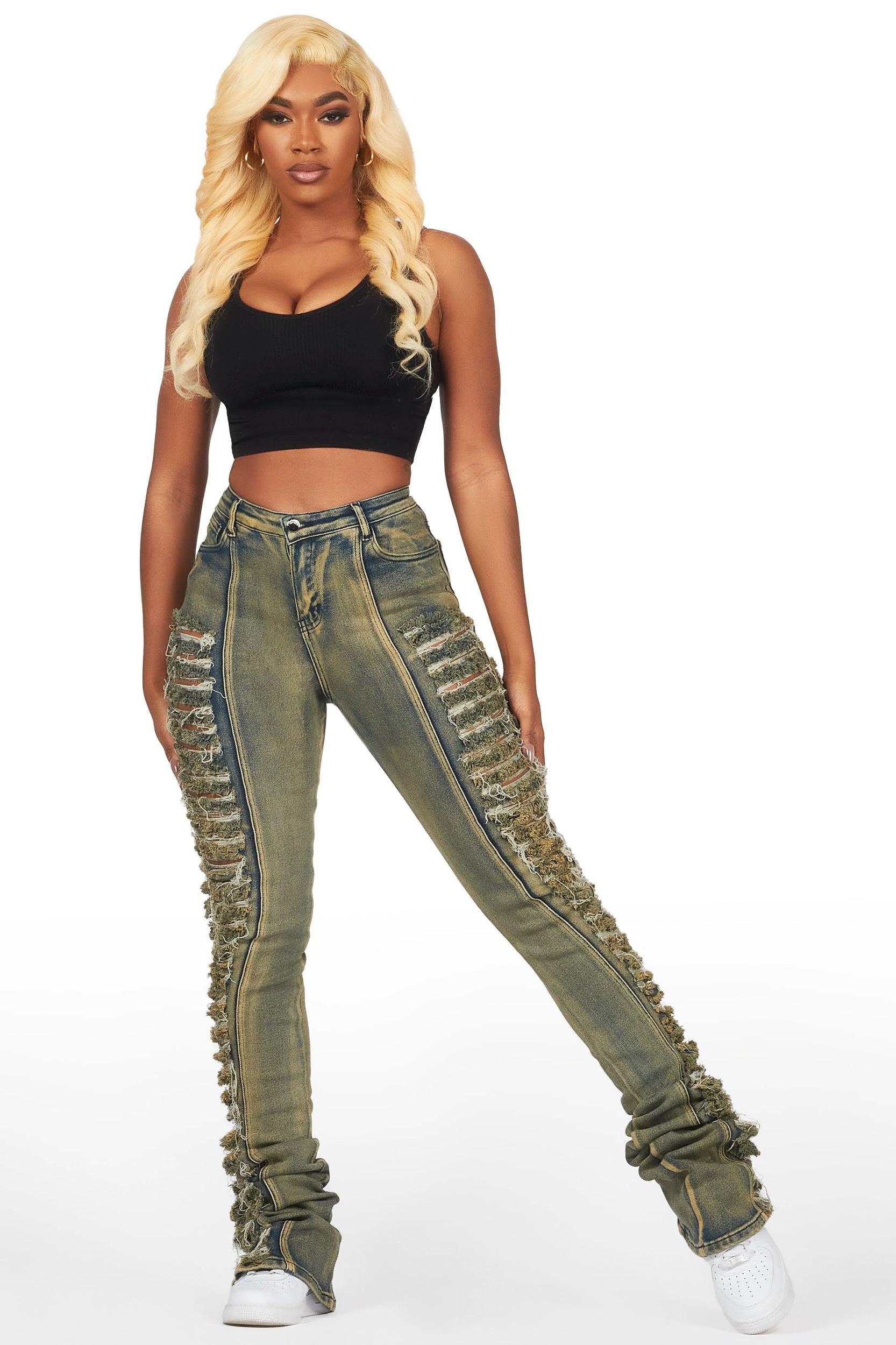 Erielle Tinted Dark Wash Mega Distressed Super Stacked Jean Female Product Image