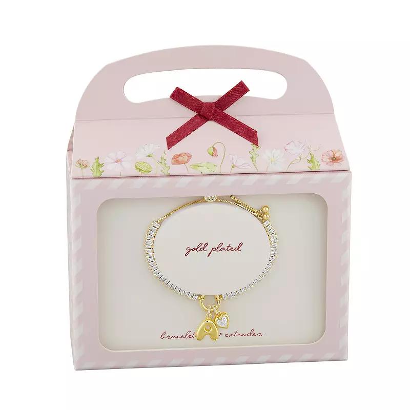 Brilliance Silver Plated Cubic Zirconia Heart Charm & Bubble Initial Charm Bracelet, Women's, Size: 4-10" ADJ, Gold Tone A Product Image