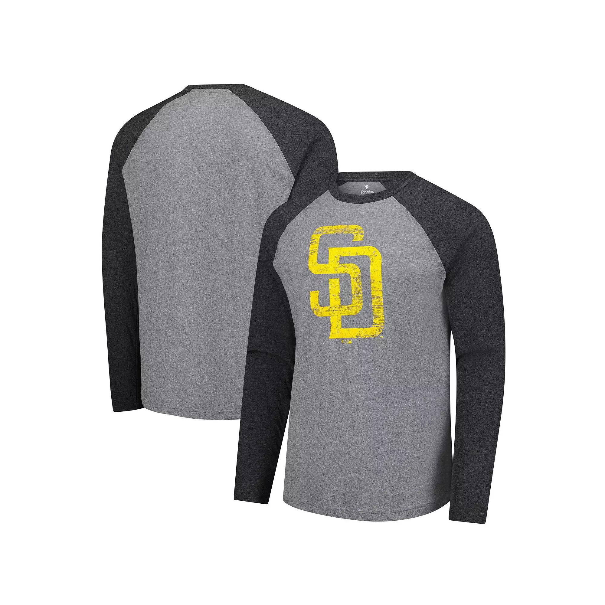 Men's Fanatics Heather Gray/Heather Charcoal San Diego Padres Weathered Logo Tri-Blend Raglan Long Sleeve T-Shirt, Size: 2XL, Grey Product Image