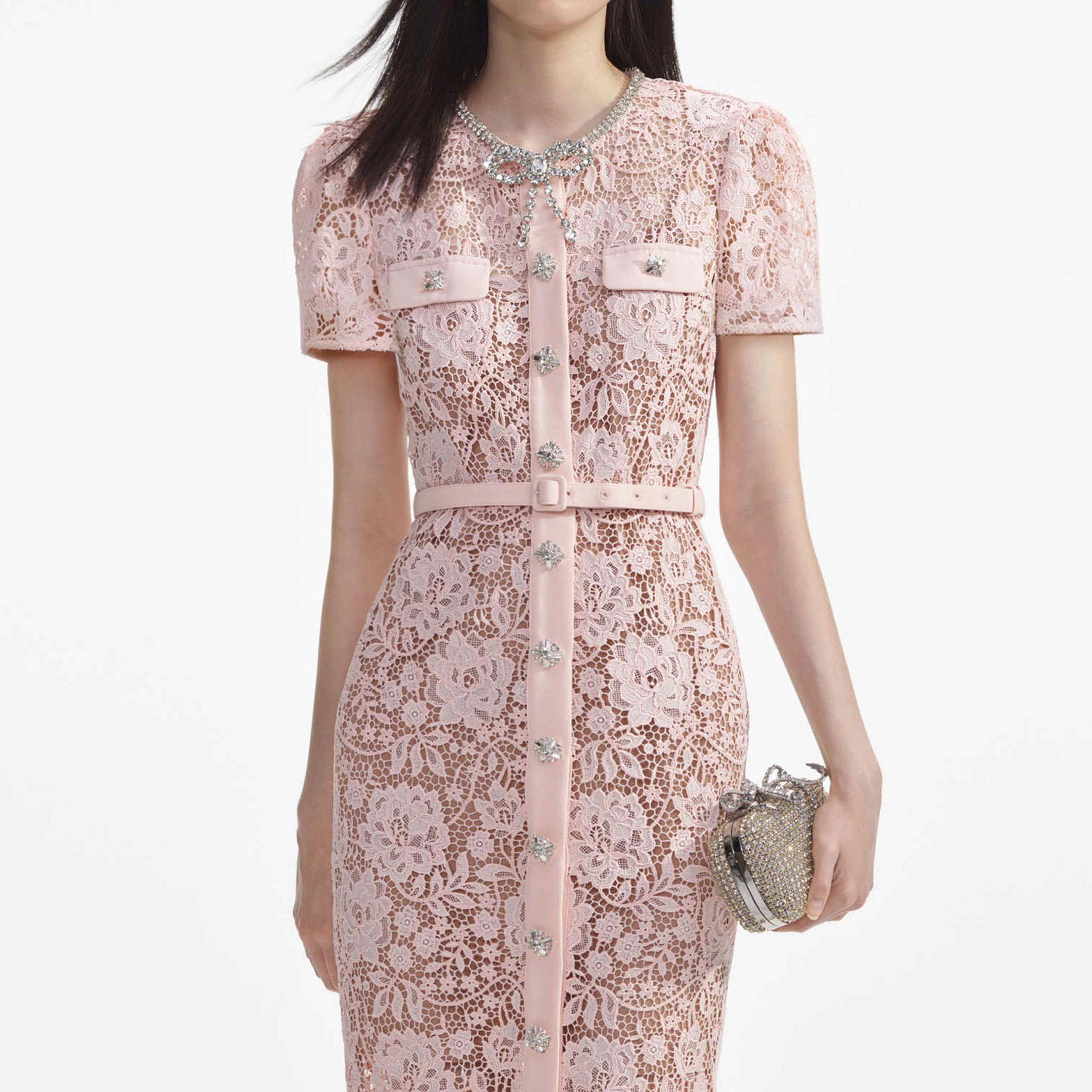 Pink Lace Diamante Bow Midi Dress Product Image