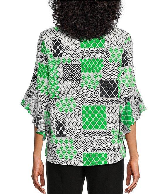 Multiples Slub Knit Georgette Geometric Multi Print Scoop Neck 3/4 Flounce Sleeve Fitted Top Product Image
