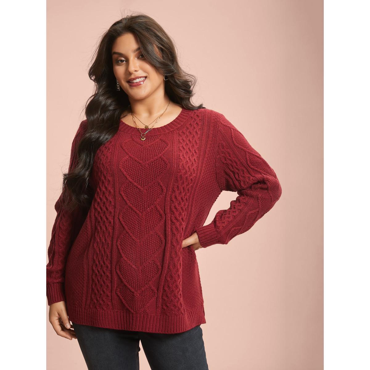 Plus Size Crew Neck Split Hem Textured Pullover Brightred Women Casual Loose Long Sleeve Round Neck Everyday Pullovers BloomChic 26/4X Product Image