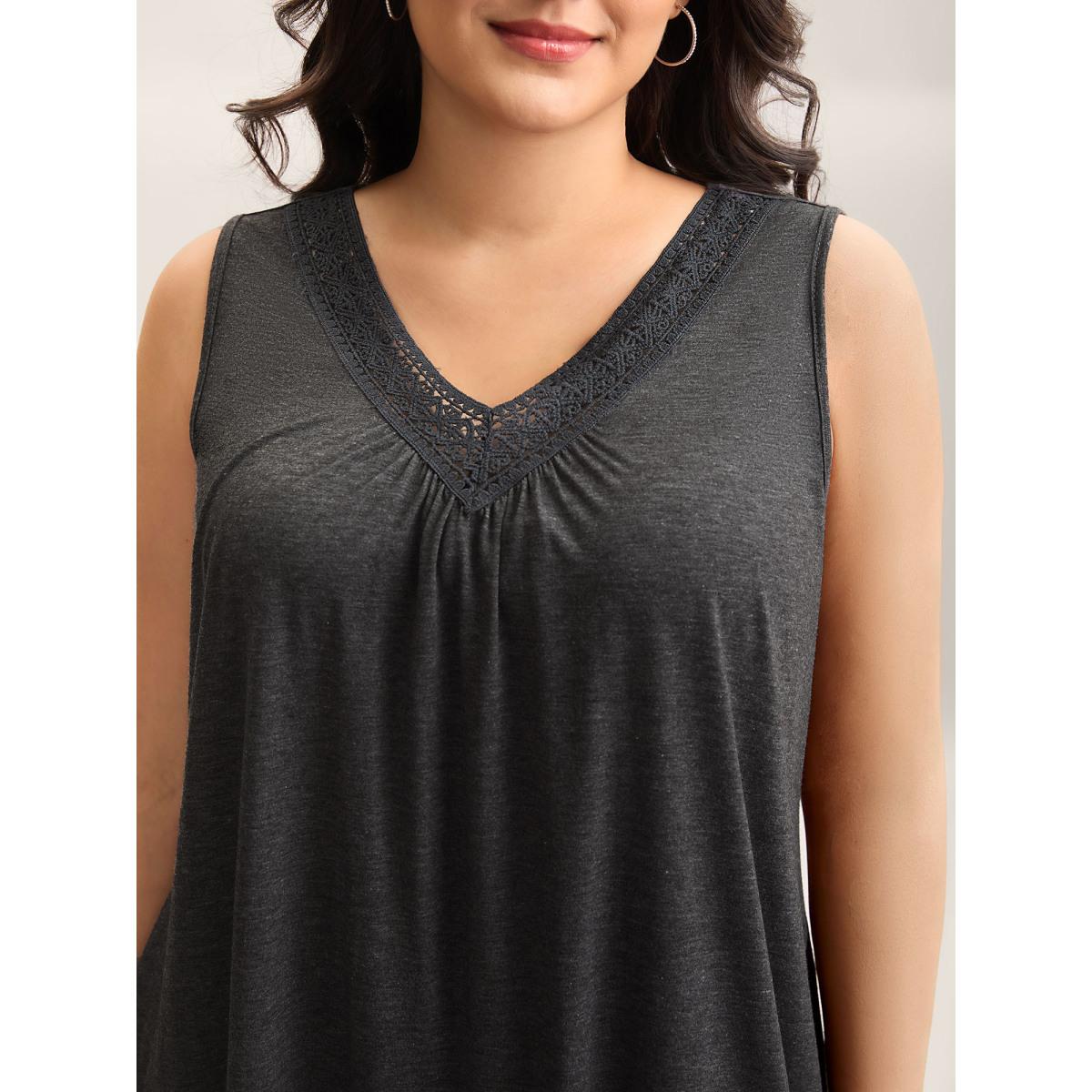 Plus Size Lace Spliced Pleated Sleeveless Solid Top Women DimGray Casual Woven ribbon&lace trim V-neck Everyday-Casual Tank Tops Camis BloomChic 22-24/3X Product Image