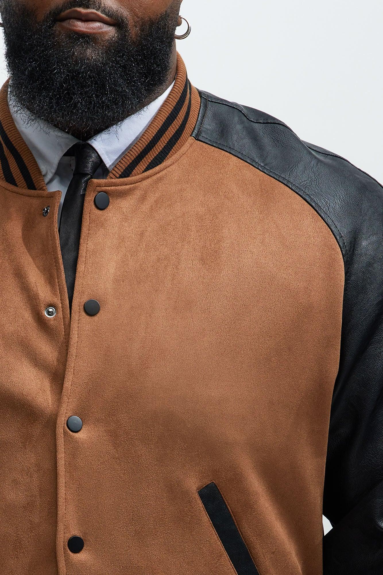 Faux Suede Raglan Varsity Jacket - Camel/combo Product Image