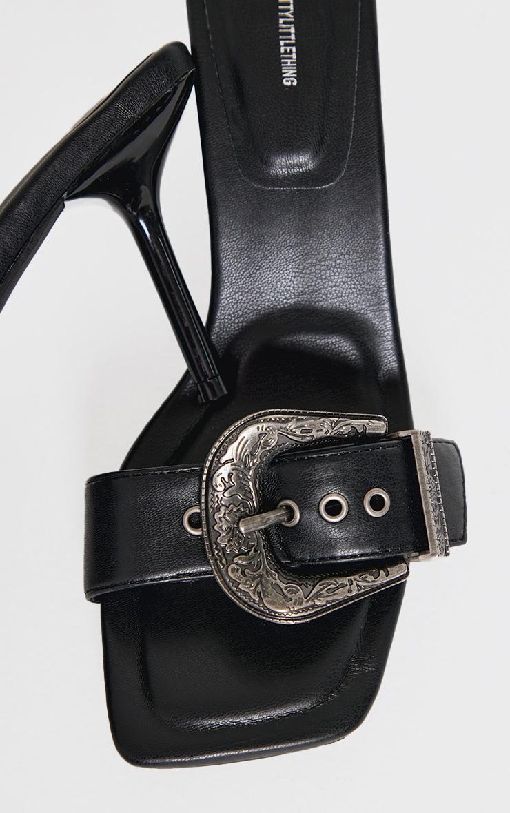 Black PU Square Toe Western Buckle High Stiletto Heeled Mules Product Image