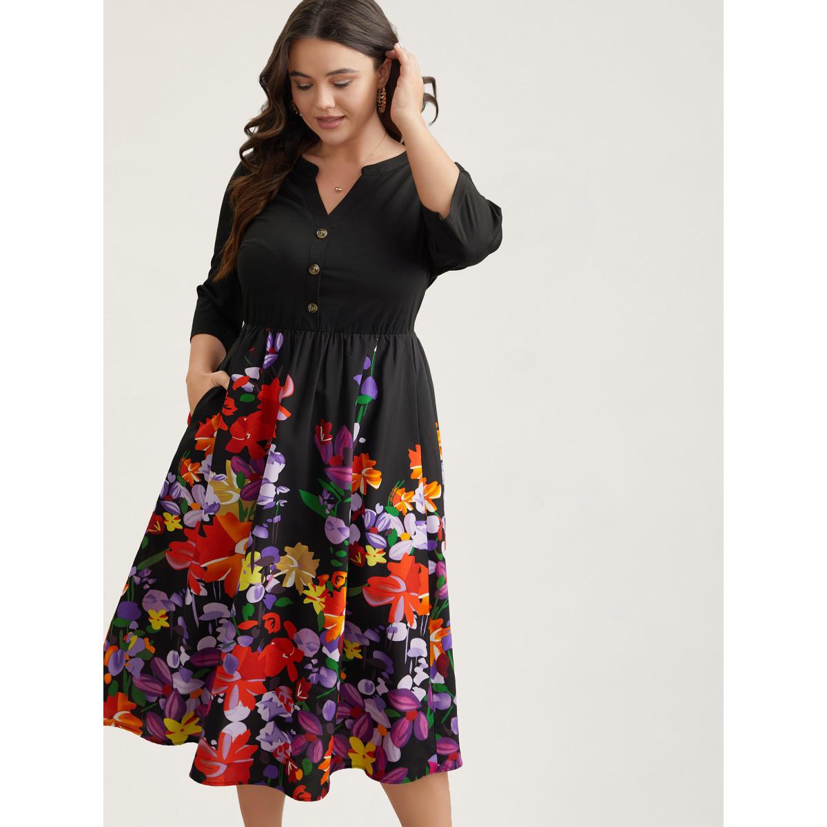 Plus Size Brush Stroke Flowers Notched Collar Dress Black Women Casual Button V-neck Elbow-length sleeve Curvy BloomChic 18-20/2X Product Image