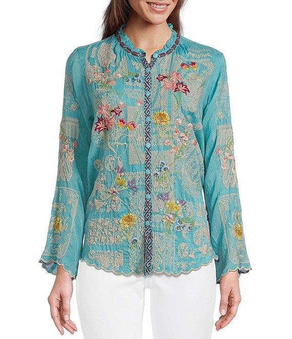 JOHNNY WAS Allbee Embroidered Floral Geometric Print Ruffle Banded Collar Long Sleeve Button Front Scallop Hem Blouse Product Image