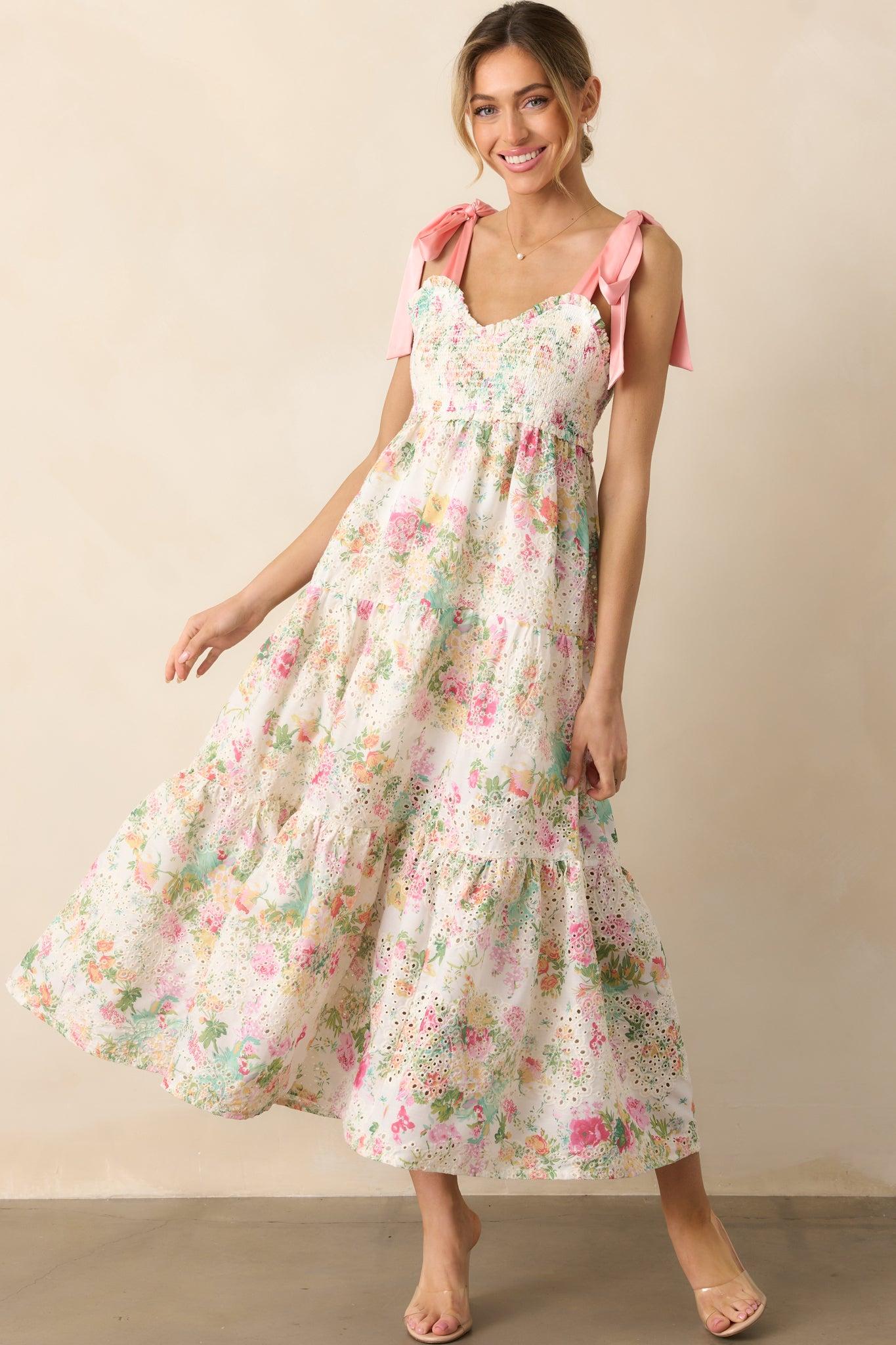 Invite Only Light Pink Multi Floral Embroidered Eyelet Midi Dress Product Image