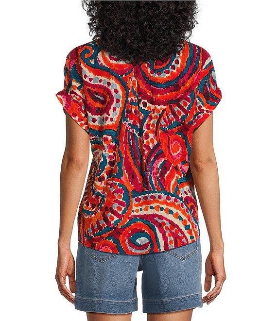Westbound Paisley Overly Short Sleeve V-Neck Tie Front Top Product Image