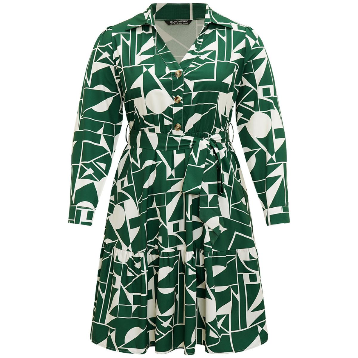 Plus Size Geometric Shirt Collar Belted Pocket Flutter Dress Green Women Office Belted Shirt collar Long Sleeve Curvy Midi Dress BloomChic 14-16/1X Product Image