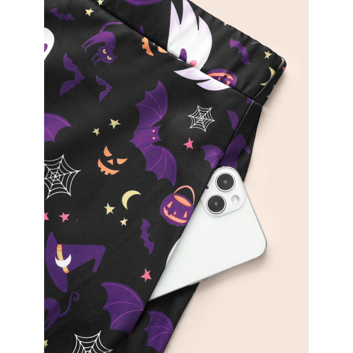 Plus Size Spooky Ghost Printed A-Line Mini Skirt Women Black Cocktail Contrast No stretch Slanted pocket Party Skirts BloomChic 12/L Product Image