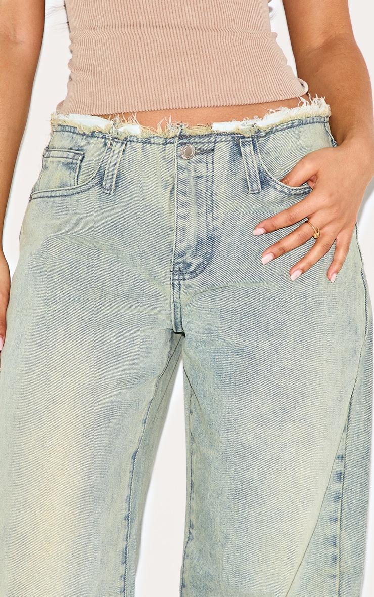 Petite Vintage Wash Fray Waist Low Rise Straight Leg Jeans Product Image